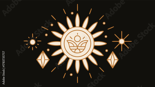 Sun logo design templates. Vector set of linear boho icons on black.