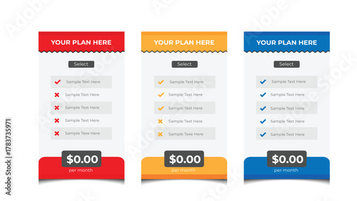 Red, Yellow, and Blue Pricing Plans Table with Select Button and Feature Lists Shown