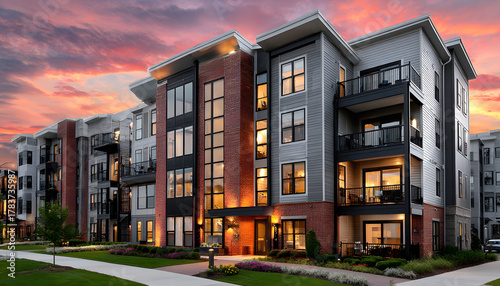 Modern multifamily housing property with brick, siding facade features balconies, manicured lawns