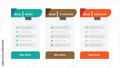 Three Pricing Table Comparison Basic, Standard, and Premium Plans with Features and Buy Now Buttons