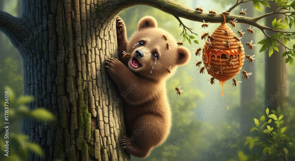 Obraz premium Crying Baby Bear Cub Climbing Tree Near Beehive Dripping with Honey in Forest