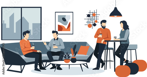 Four people socializing in a modern living room, two sitting on a sofa and two standing near a table, all holding drinks.