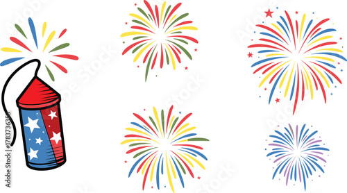 Colorful fireworks and cracker explosion illustration, festive celebration background, bright stars and spark pattern, festival of lights decorative vector design