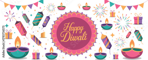 Colorful happy Diwali celebration background with decorative oil lamps, fireworks, crackers, gifts, festive bunting flags, sparkles, traditional Indian festival design