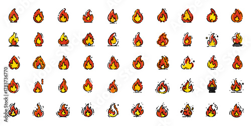 Set of 50 Fire and Flame Outline Icons with Color Fill. Flat Line Vector Icons Collection: Burning Fire and Heat. Flame Icons Pack: Outline Style with Yellow and Red Details