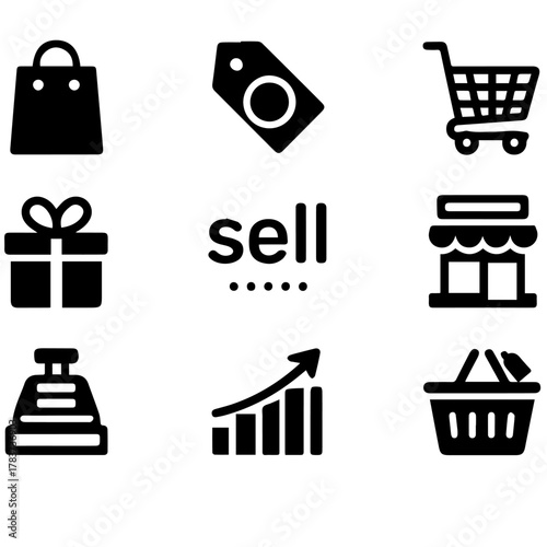Black and white icons for shopping, sales, and business on white