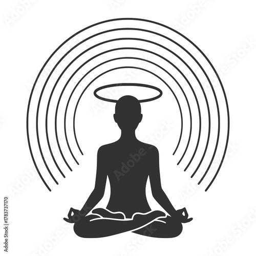 Serene Meditation Silhouette with Halo in Lotus Position, Emanating Peaceful Energy