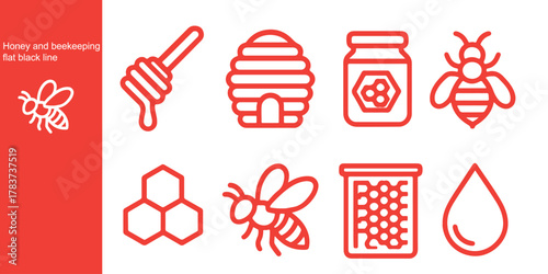 Honey and beekeeping line and flat icons vector set with editable stroke. Bee, beehive, honeycomb, honey, jars, hive, spoons, flowers icons collection on white background. Vector illustration