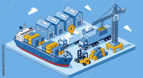 Isometric view of a cargo ship, warehouse, crane, and truck in a logistics and shipping port