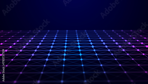 A futuristic structural grid of network connections. Abstract background with intertwining dots and lines. 3D rendering.