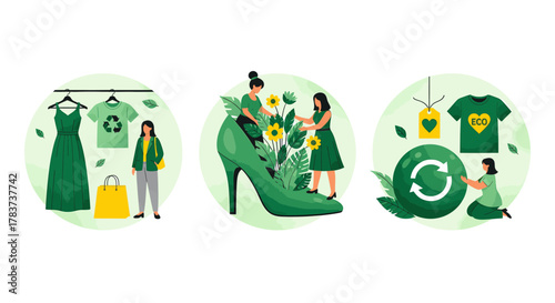 Sustainable fashion concept with people and ecofriendly clothing