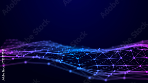 A futuristic structural grid of network connections. Abstract background with intertwining dots and lines. 3D rendering.