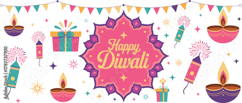 Colorful happy Diwali celebration background with decorative oil lamps, fireworks, crackers, gifts, festive bunting flags, sparkles, traditional Indian festival design