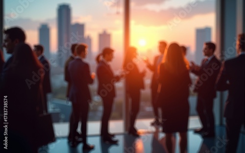 Blurred business crowd networking at a corporate cocktail party, with skyscrapers and a sunset view in the background. High quality