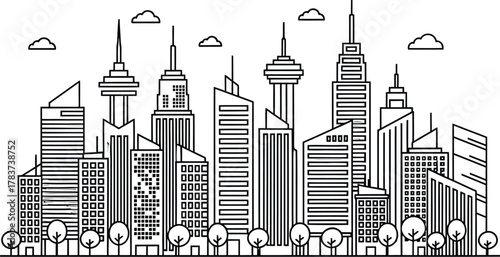 Black and white line art cityscape with diverse skyscrapers and trees city skyline buildings