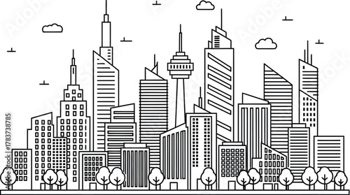 Black and white line art cityscape with skyscrapers and trees skyline urban