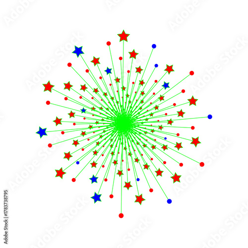 Exploding green center with red and blue starbursts and trails on white background