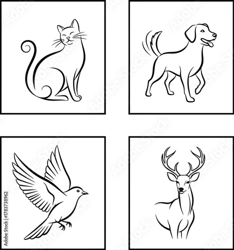 Four black line art animal icons cat dog bird deer vector