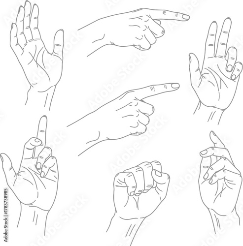 Six Hand Gestures In Outline Style sign language communication