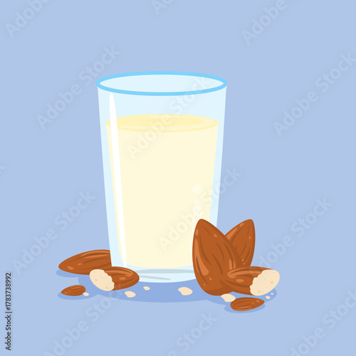 Minimalist flat vector illustration of almond milk with whole and cracked almonds on a soft blue background. Perfect for organic food branding, plant-based drink packaging, healthy lifestyle campaign
