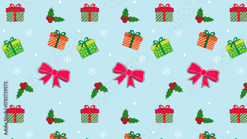 Seamless Christmas Holiday Pattern with Gift Boxes, Holly Berries, and Ribbon Bows on Blue Background
