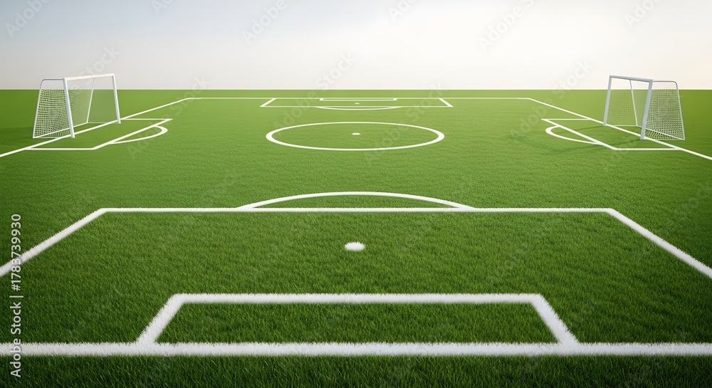 Obraz premium Soccer field with green grass and white lines for background use