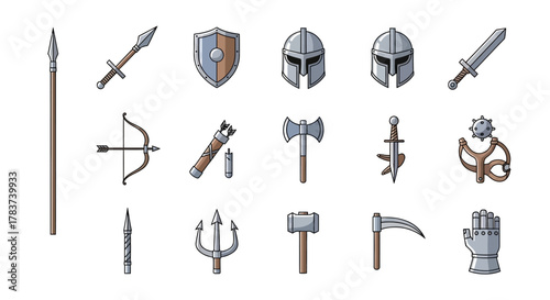 Medieval Weaponry Collection Swords Axes and Armor Illustrations.