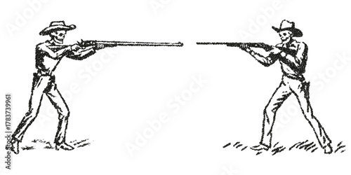 Cowboys Skull duel showdown with rifles stipple engraving vintage vector western illustration