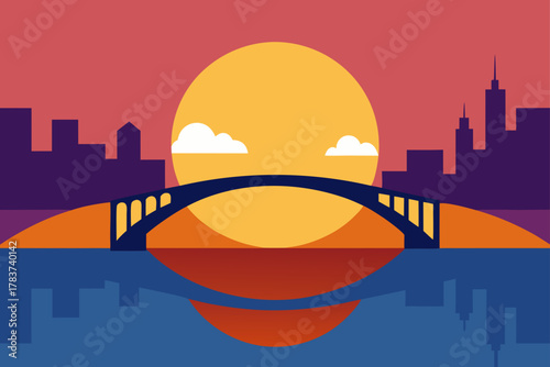 Stylized cityscape bridge sunset over water reflection