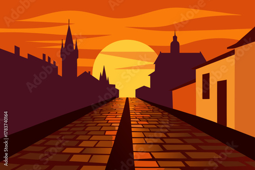 Cobblestone street leading to the sunset in a european city