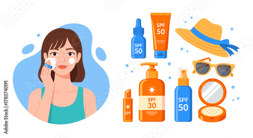 Woman applying sunscreen, surrounded by sun protection products and summer accessories