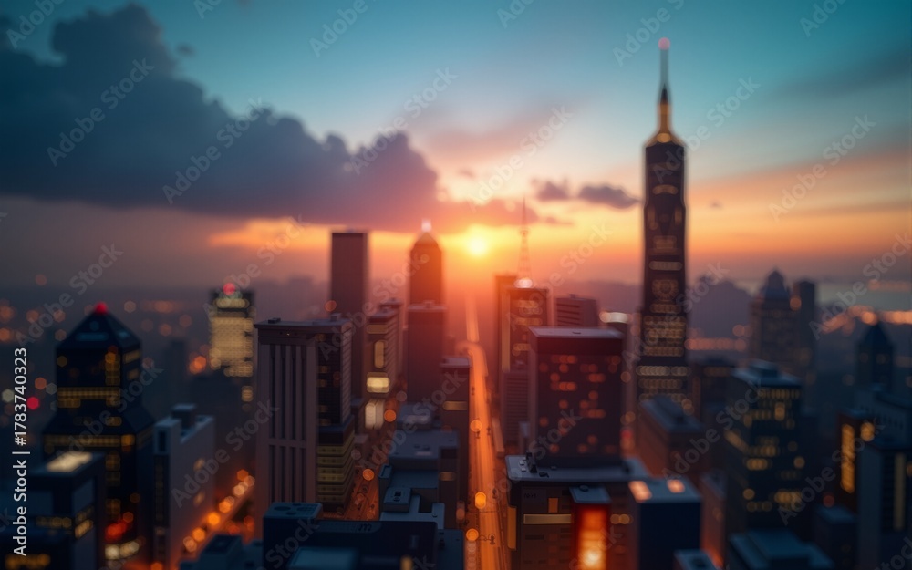 Fototapeta premium Golden hour sky with city rooftop view blur background with cityscape business corporate office building landscape blurry twilight night lights skyline nightlife bokeh for evening party. High quality