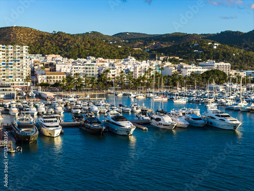 Aerial View of San Antonio Bay and Marina: The Resort Town of Sant Antoni de Portmany, Ibiza, Spain