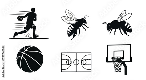 Basketball Silhouette Vector Illustration Set Featuring Player Ball Court and Hoop in Black and White for Sport Competition and Recreational Activity