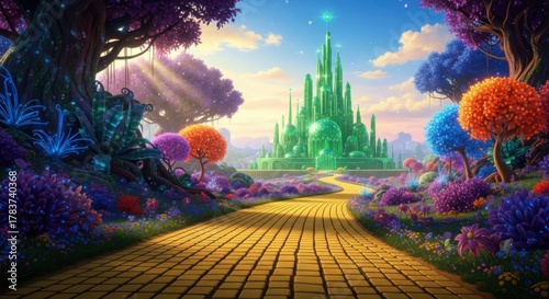 Yellow brick road to a magnificent emerald city in a vibrant fantasy landscape