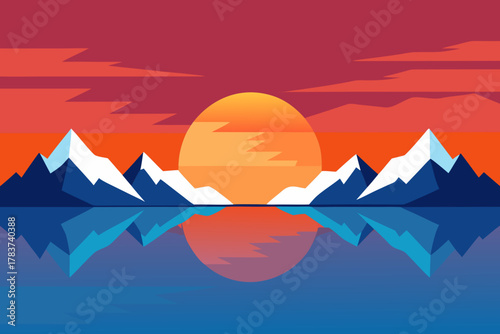 Minimalist mountain range reflected in calm water at sunset