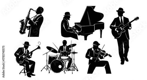 Jazz Band Musician Silhouette Vector Illustration. Group of People Playing Musical Instruments. Saxophone, Piano, Guitar, Drums, Violin Isolated on White Background