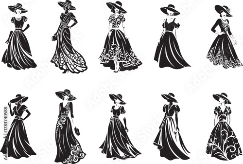 Elegant women in formal dresses and hats fashion silhouettes
