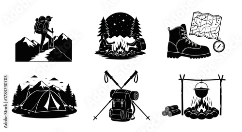 Adventurous Hiking Icons Vector Art Backpack Boots Campfire Map Compass Tent Mountains Nature Trekking Poles Recreation Outdoor Adventure Travel Exploration Holiday