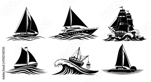 Sailboat Vessel Black and White Vector Set Yacht Boat Cruise Ship Wave Sea Ocean Nautical Maritime Sailing Regatta Adventure Voyage Water Travel