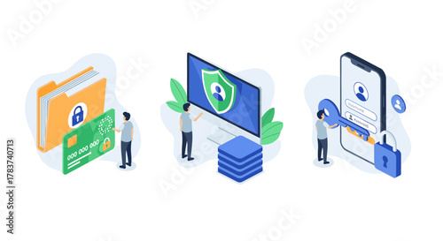 Digital security and data protection concept with credit card, shield, and smartphone access