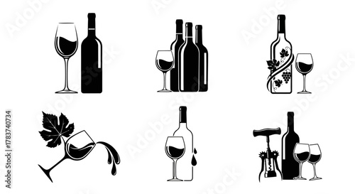 Elegant Wine Bottle and Glass Silhouette Set for Food Bloggers and Restaurant Branding Vector Graphics Featuring Alcohol, Grapes, Vine, and Sommelier Elements