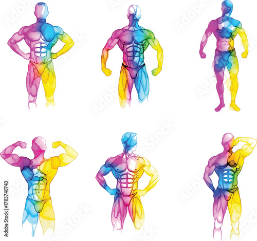 Muscular figures with vibrant watercolor splashes muscular male figures