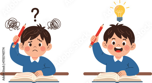Child learning cartoon, confused and happy student, light bulb moment illustration, education concept vector, problem solving emotion, isolated on white background
