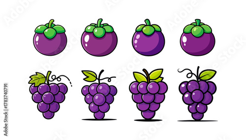 A cartoon illustration featuring stylized purple mangosteens and grapes on a white background