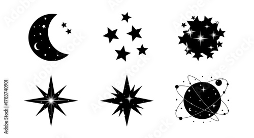 Collection Of Black Silhouette Space Elements Moon Stars Galaxy Planet Starburst Cosmos Astronomy Universe Celestial Astrological Decoration Isolated Vector Illustration