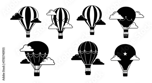 Set Of Black And White Silhouette Hot Air Balloon With Cloud Designs Adventure Flight Travel Exploration Journey Trip Isolated Vector Illustration