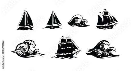 Collection of Sail Boats Graphic Vector Designs Sailing Ship Water Transport Sea Ocean Nautical Vessel Cruise Adventure Journey Travel Navigation Silhouette