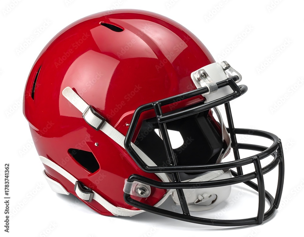 Fototapeta premium A close-up view of a vibrant red football helmet, complete with a black face mask, white straps, and a clean white background