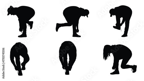Silhouettes of people tying shoelaces isolated on white background, Vector